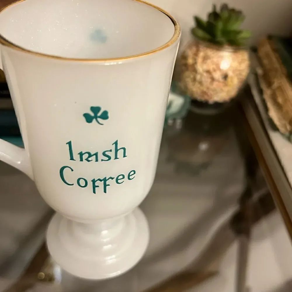 Vintage Irish Coffee Milk Glass pedestal mug w gold trim.